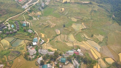 Top view of terraced paddy field and traditional houses of Muong Hoa valley, Fansipan mountain, Sa Pa town, Vietnam.