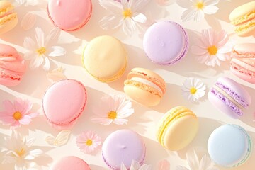 Fototapeta na wymiar A pattern of pastelcolored macarons, arranged in an aesthetically pleasing composition on white background with delicate flowers scattered around the edges. 