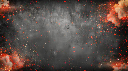 Grey smoky backdrop with vibrant red sparks and ash texture. - obrazy, fototapety, plakaty
