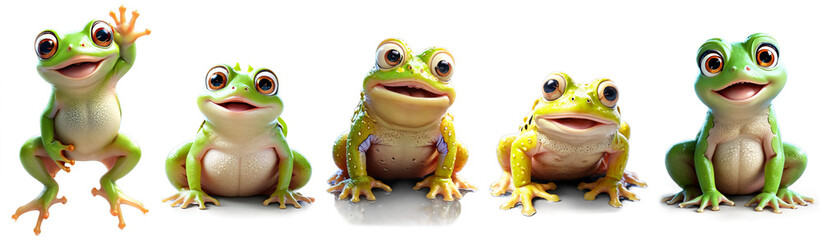 Cheerful collection of cute frog characters illustration with happy faces, isolated on transparent alpha background. Graphic resources for charming designs.