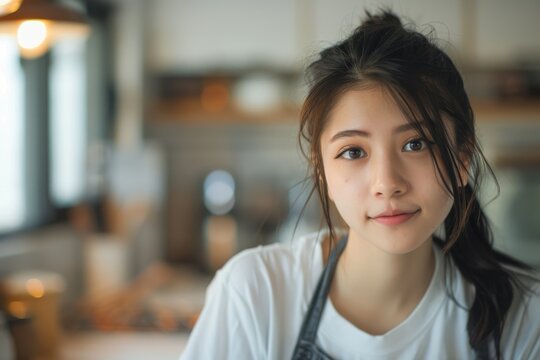 A portrait of a young Asian woman with a natural, subtle smile in a home kitchen setting