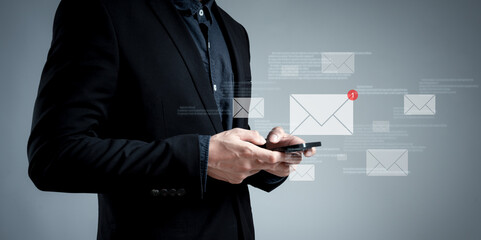 businessman showing contact address in device online mail, phone numbers, email for chatting and...