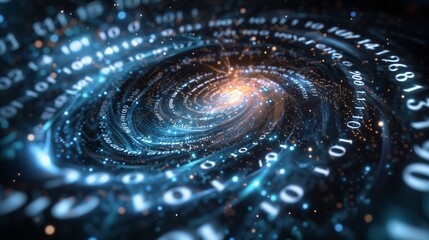 A digital vortex, where streams of binary code spiral into a luminous center, representing a black hole of data.  concepts of technology, cyberspace, and information overload in a universe-inspired. 