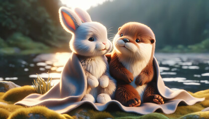 Fluffy bunny and fuzzy otter share a blanket by a lake, denoting warmth and care between these furry pals.