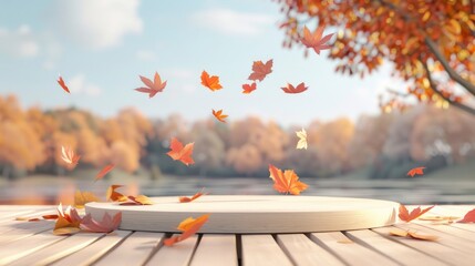 3D render Surrounded by falling red-orange maple leaves, a wooden podium against the background of a blurred autumn forest with reflections of sunlight.