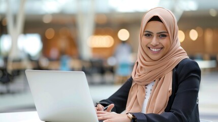 beautiful muslim woman with hijab working from her laptop smiling at the camera in high resolution