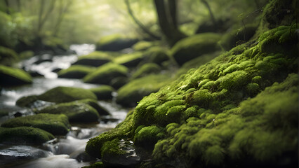 Naklejka na ściany i meble Emerald Moss on River Boulders