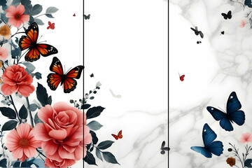 Home wall decor 3 panel arts, color marble background with flowers and butterflies silhouette