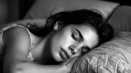 Beautiful 20-Year-Old Woman Asleep on Bed, Black and White Portrait