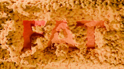 Fat inscription. Fat text, Dynamic Cloth, satin pillow inflated, Soft cloth body shape, Inflatable fabric, Abstract Background, adipocyte, lipocyte, Obesity concept, cholesterol, 3d render