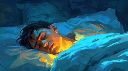 Abstract Painting of Young Black-Haired Man Asleep in Bed, Blue and Yellow Colors