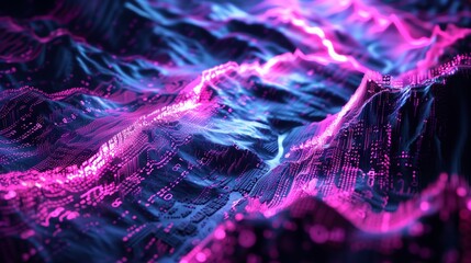 Binary code create a dynamic landscape that symbolizes the flow of information in the digital realm. blue and pink highlight the binary data, suggesting a fusion of technology and creativity.

