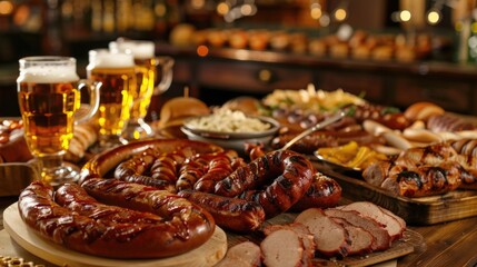 A selection of grilled sausages, cold cuts, and beers on a bar counter