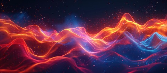 3D dynamic flow of colorful blue, orange, red waves and particles pulsates with vibrant energy - obrazy, fototapety, plakaty