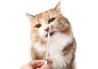 Cat with liquid medication in syringe. Pet owner administering liquid prescription to cat. Front...