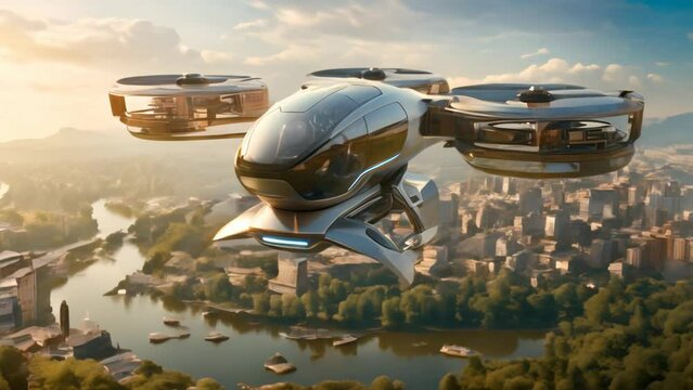 Skyline Sojourn: EVTOL Commute to Suburban Serenity. Generatve ai