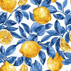 watercolor seamless pattern with lemons and blue patterns. vintage print	

