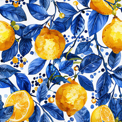 watercolor seamless pattern with lemons and blue patterns. vintage print	

