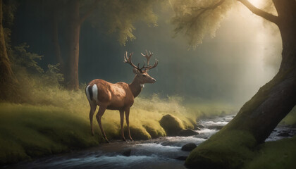 Majestic Deer in Misty Forest Creek at Dawn - 790217151