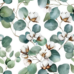 watercolor seamless pattern with green eucalyptus leaves and cotton flowers on white background. pattern in eco, boho style. print for wallpaper, fabric, wrapping paper.