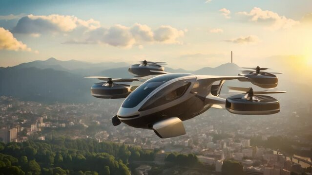 Urban Escape: EVTOL Journey from City to Suburb. Generative ai