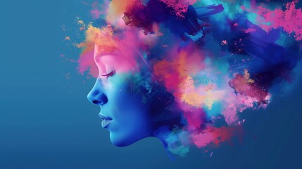 Abstract Paint Splash Portrait: Profile of Woman in Blue Pink Purple