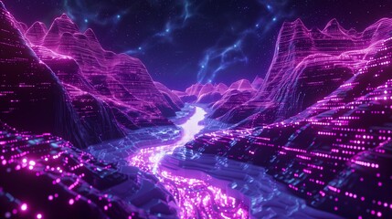 Binary code create a dynamic landscape that symbolizes the flow of information in the digital realm. blue and pink highlight the binary data, suggesting a fusion of technology and creativity.

