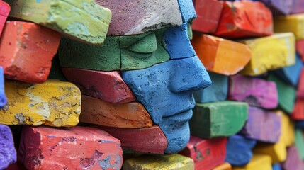 Rainbow Brick Wall: Multi-Colored Human Head Sculpture Embedded in Wall
