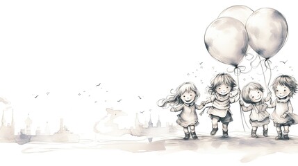 Four children holding hands and balloons create a sense of joy in a whimsical sepia-toned cityscape