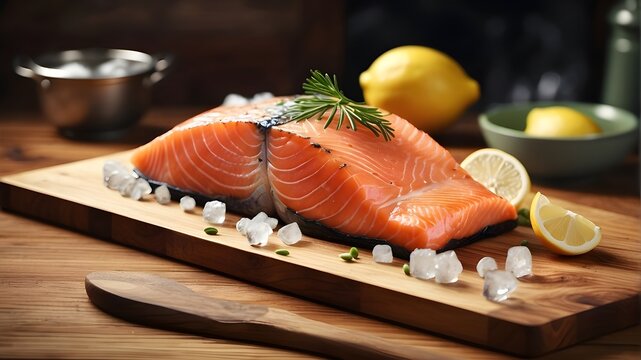  A photorealistic image depicting a traditional Good Friday fish food concept. The image features a fresh salmon steak fillet placed on a wooden board in a kitchen setting. The table is decorated with