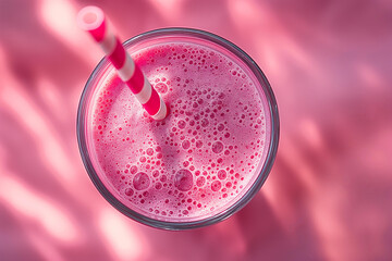 tasty strawberry shake or smoothie with drinking straw