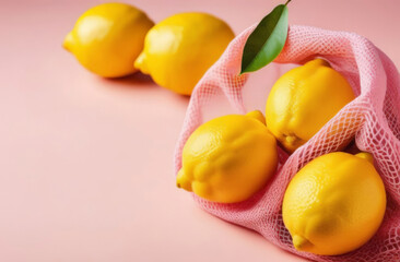 Pink string bag with lemons and limes on pink background