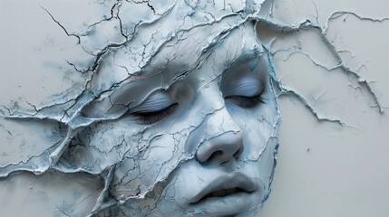 Abstract Art: Woman's Face Cemented into Wall, Statue, Blue and White Colors