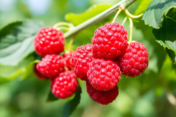 Branch of ripe raspberries in a garden.	Raspberry harvest. - obrazy, fototapety, plakaty