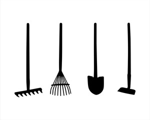 Set of garden tools shovel, rake, hoe and leaf rake silhouette vector on white background.