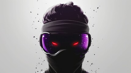 A dark figure with glowing red eyes and a purple visor. - obrazy, fototapety, plakaty