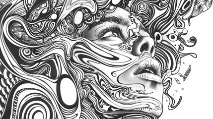 An intricately detailed black and white illustration of a woman's face with abstract flowing patterns