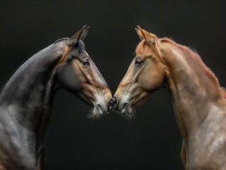 Two horses with brown and black faces are kissing each other. Concept of affection and bonding between the two horses - obrazy, fototapety, plakaty