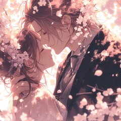 A young couple sharing a romantic moment under a cherry blossom tree.