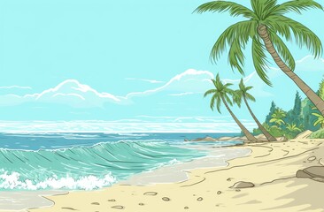 Fototapeta na wymiar Idyllic Tropical Beach and Palm Trees - Cartoon Storybook Illustration in Pastel Tones