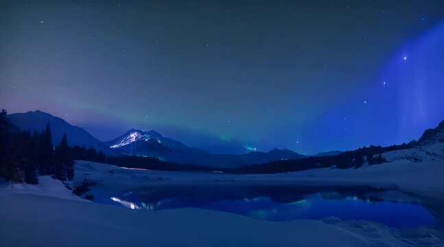 Ethereal aurora, flowing in the sky, virtual, starlight twinkling, glowing, blue and green interlaced aurora in snow, snow mountains