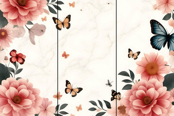Home wall art for print, marble background with big flowers and butterflies silhouette, home decor ready to print