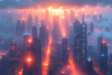 Glowing futuristic city skyline illuminated at foggy night with traffic light trails, wide cityscape