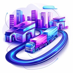 A digital illustration of a truck on a road with a cityscape in the background. The image is in a neon color scheme.