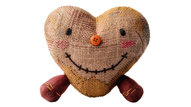A plush toy heart with a stitched smile and a button eye. Isolated on transparent background, png file.