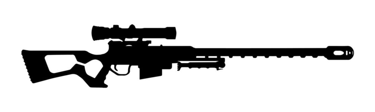 Black sniper rifle silhouette vector illustration on white background. Sniper icon. Sniper silhouette.