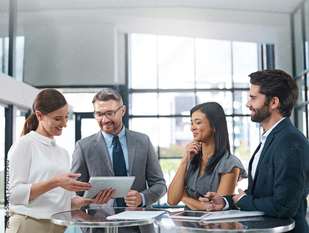 Poster Conversation, people and happy in office with tablet for business report or online growth with information sharing. Manager, employees and paperwork to show feedback, corporate and career in sales.