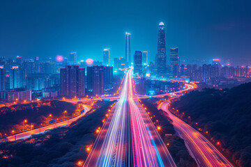 Aerial view of a futuristic city skyline at night with traffic light trails, sci-fi cityscape