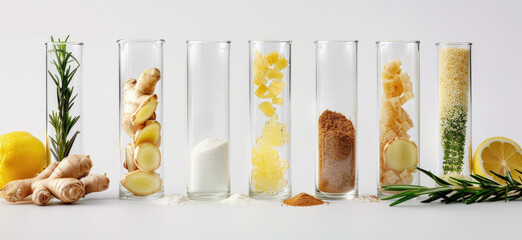 A row of glass vials filled with various ingredients, including fresh herbs like rosemary and thyme; mixed nuts such as almond or cashew
