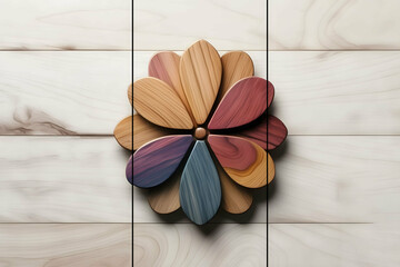Home wall art decor, wooden background with colorful wooden flower silhouette